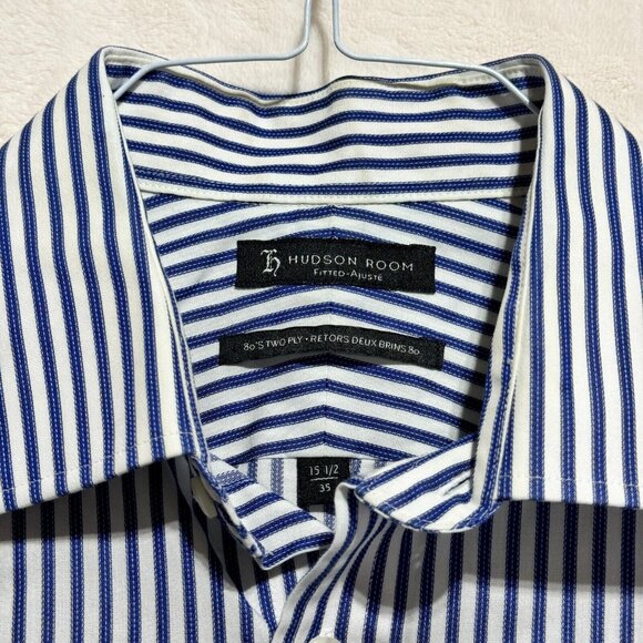 Hudson Room Slim Fitted 80's Two Ply Dress Shirt Striped Blue Mens 15.5 / 35 - Picture 3 of 13